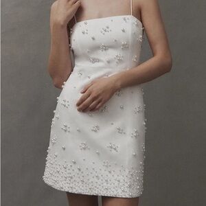 BHLDN Straight Neck Pearl Embellished Mini Dress